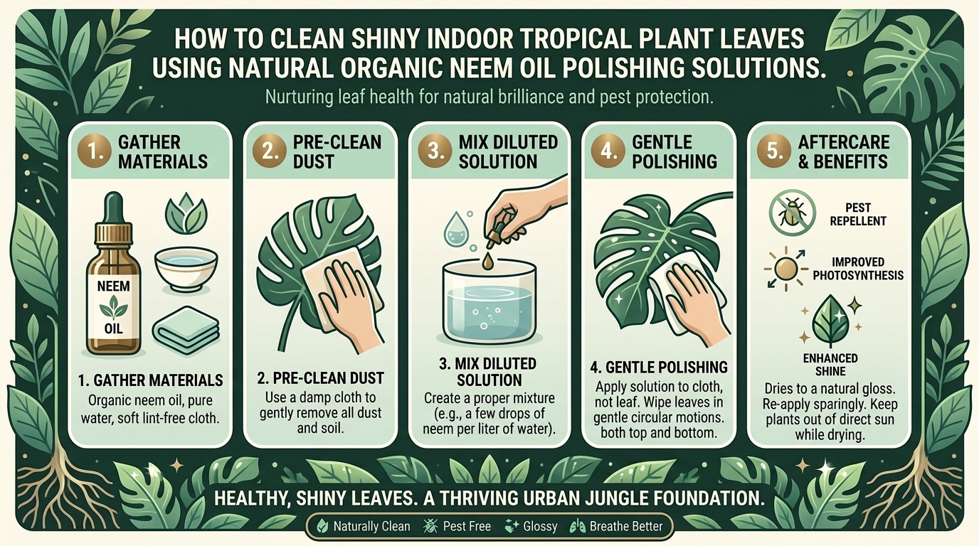 How to clean shiny indoor tropical plant leaves using natural organic neem oil polishing solutions.
