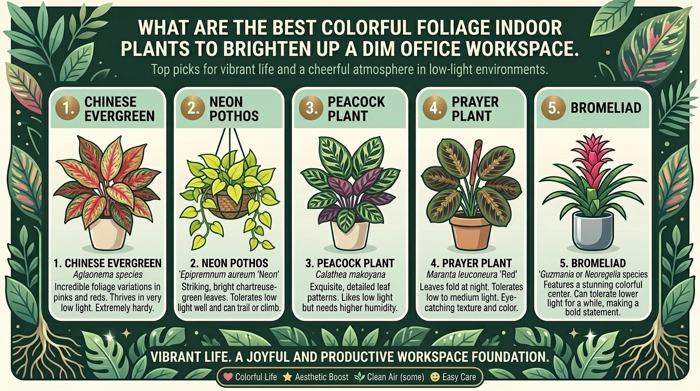 What are the best colorful foliage indoor plants to brighten up a dim office workspace.