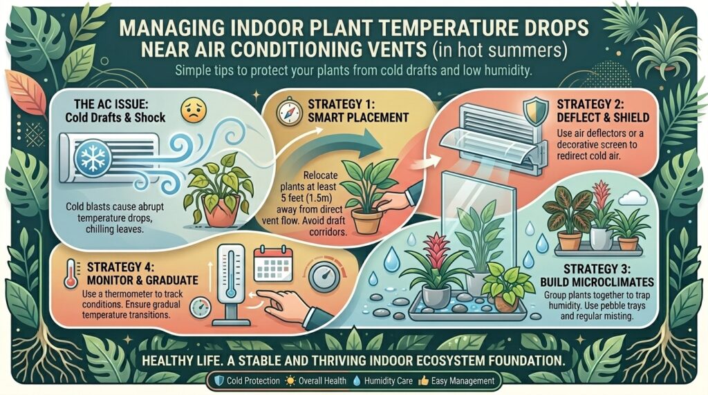 How to manage indoor plant temperature drops near air conditioning vents during hot summers.