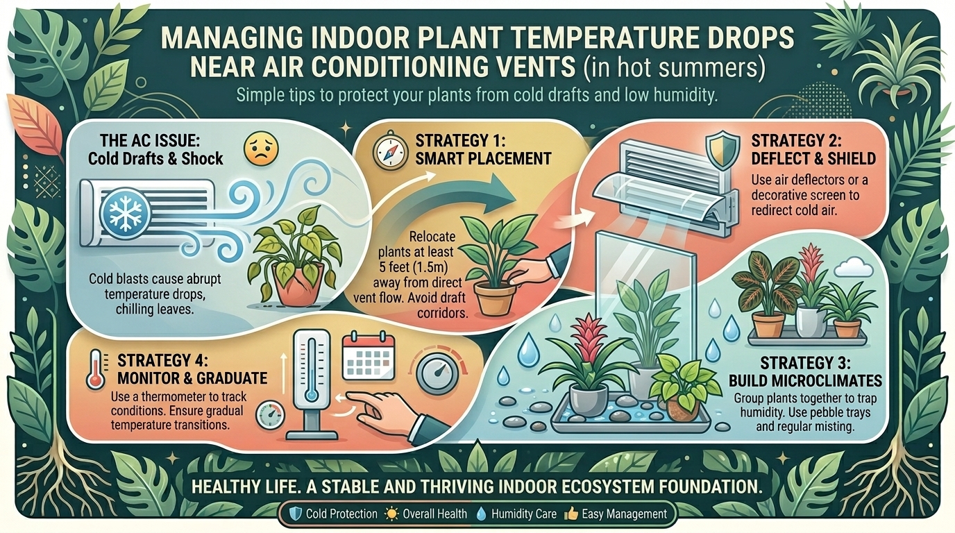 How to manage indoor plant temperature drops near air conditioning vents during hot summers.