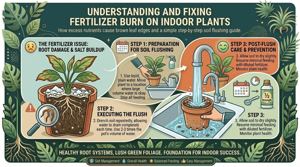 Why fertilizer burn causes brown edges on indoor plant leaves and how to flush soil.