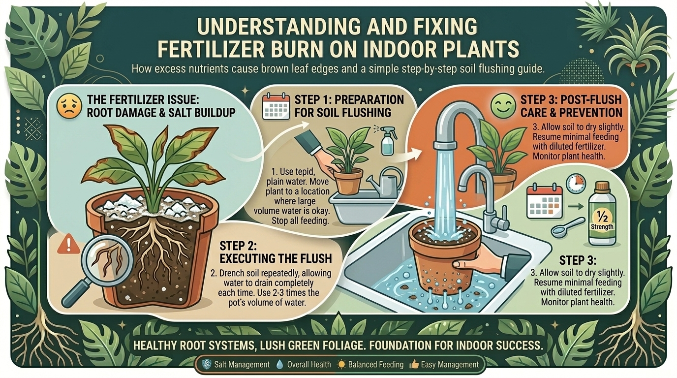 Why fertilizer burn causes brown edges on indoor plant leaves and how to flush soil.