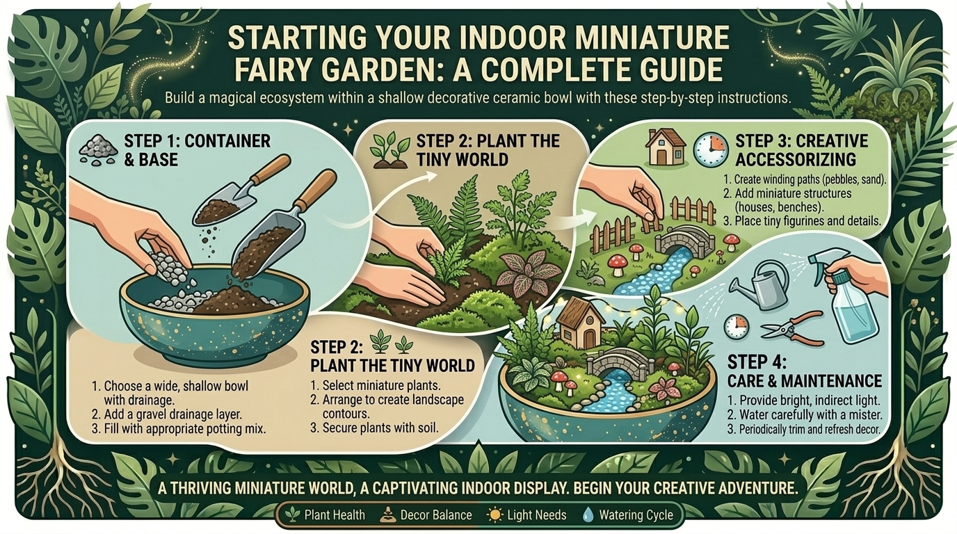 How to start a miniature indoor fairy garden inside a wide shallow decorative ceramic bowl.