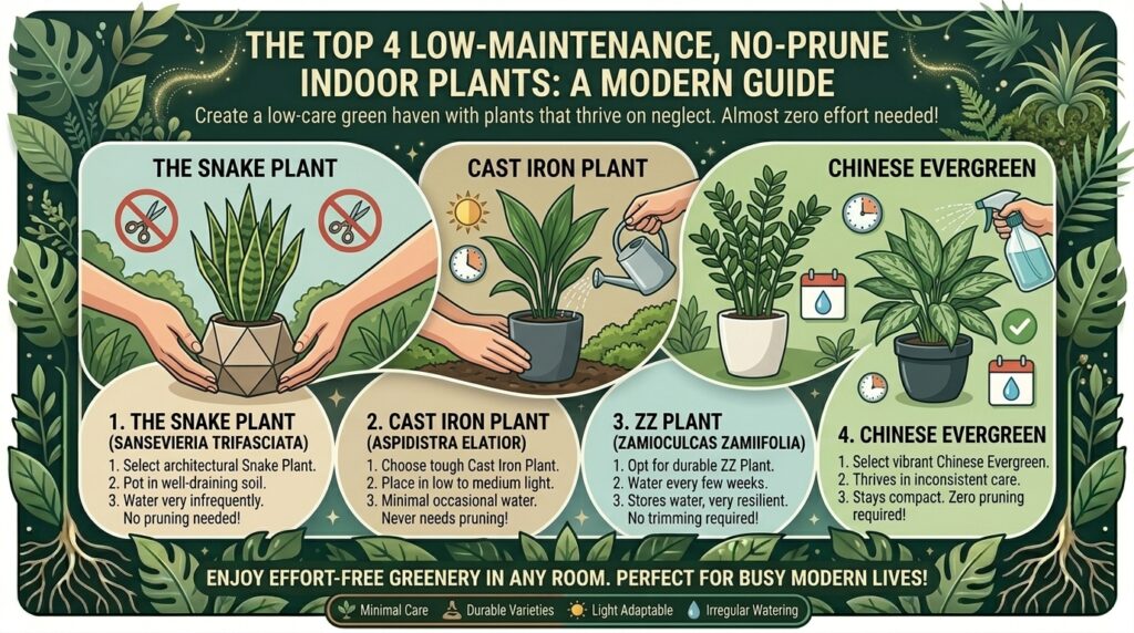 What are the best indoor plants that require almost zero pruning and low maintenance care?