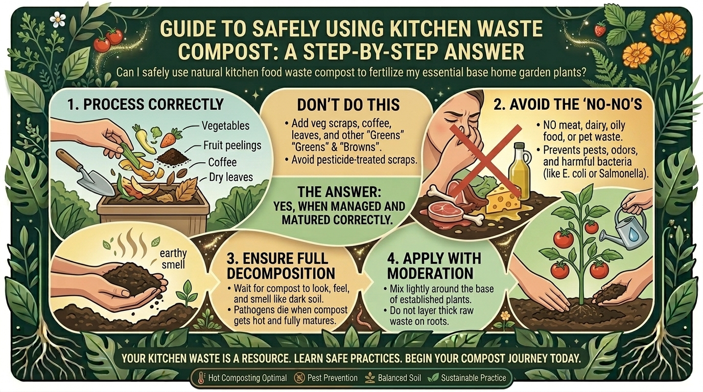 Can I safely use natural kitchen food waste compost to fertilize my essential base home garden plants?