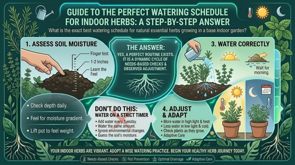What is the exact best watering schedule for natural essential herbs growing in a base indoor garden?