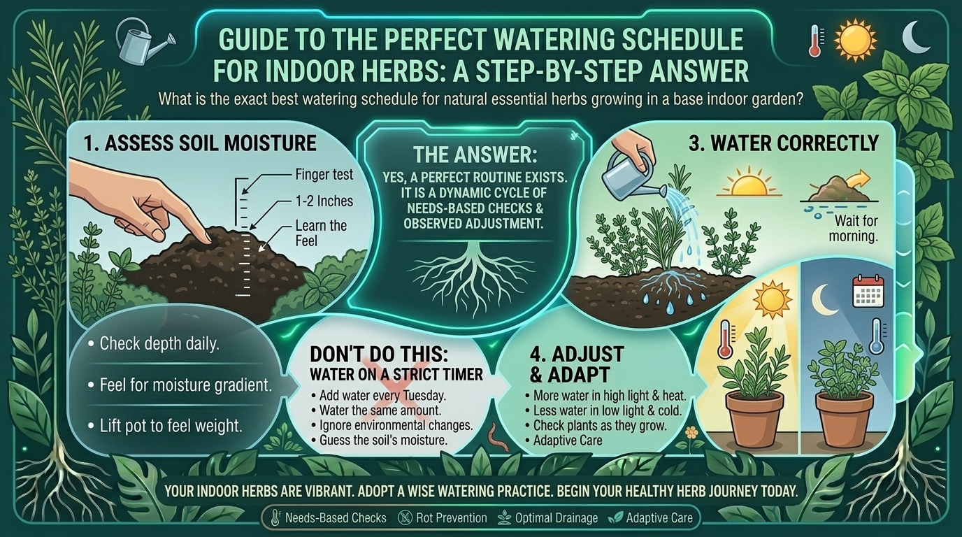 What is the exact best watering schedule for natural essential herbs growing in a base indoor garden?