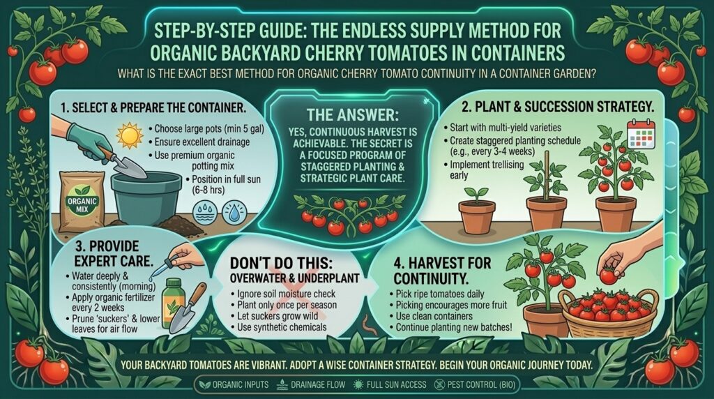How to grow an endless supply of organic cherry tomatoes in a sunny backyard container garden.