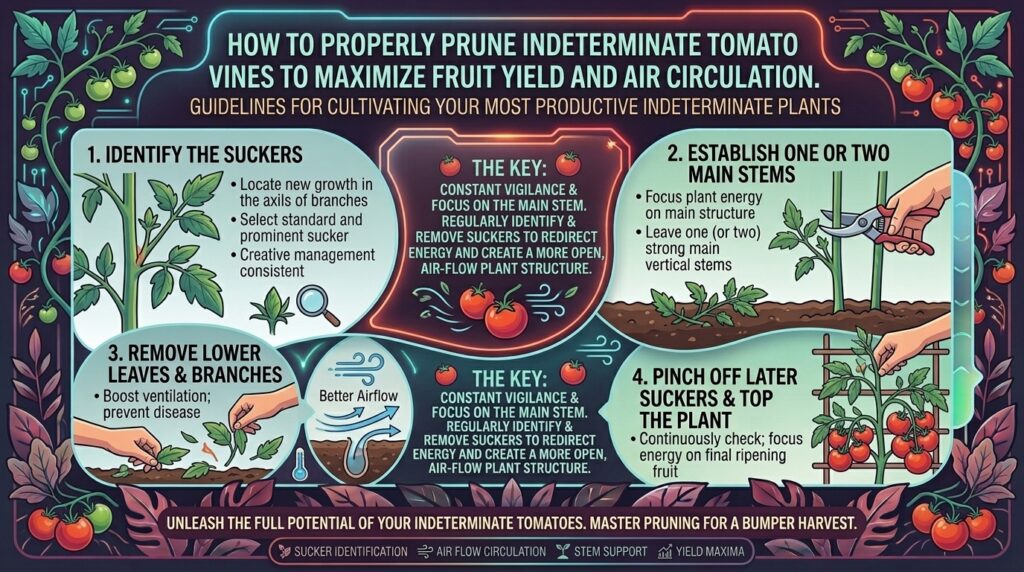 How to properly prune indeterminate tomato vines to maximize fruit yield and air circulation.