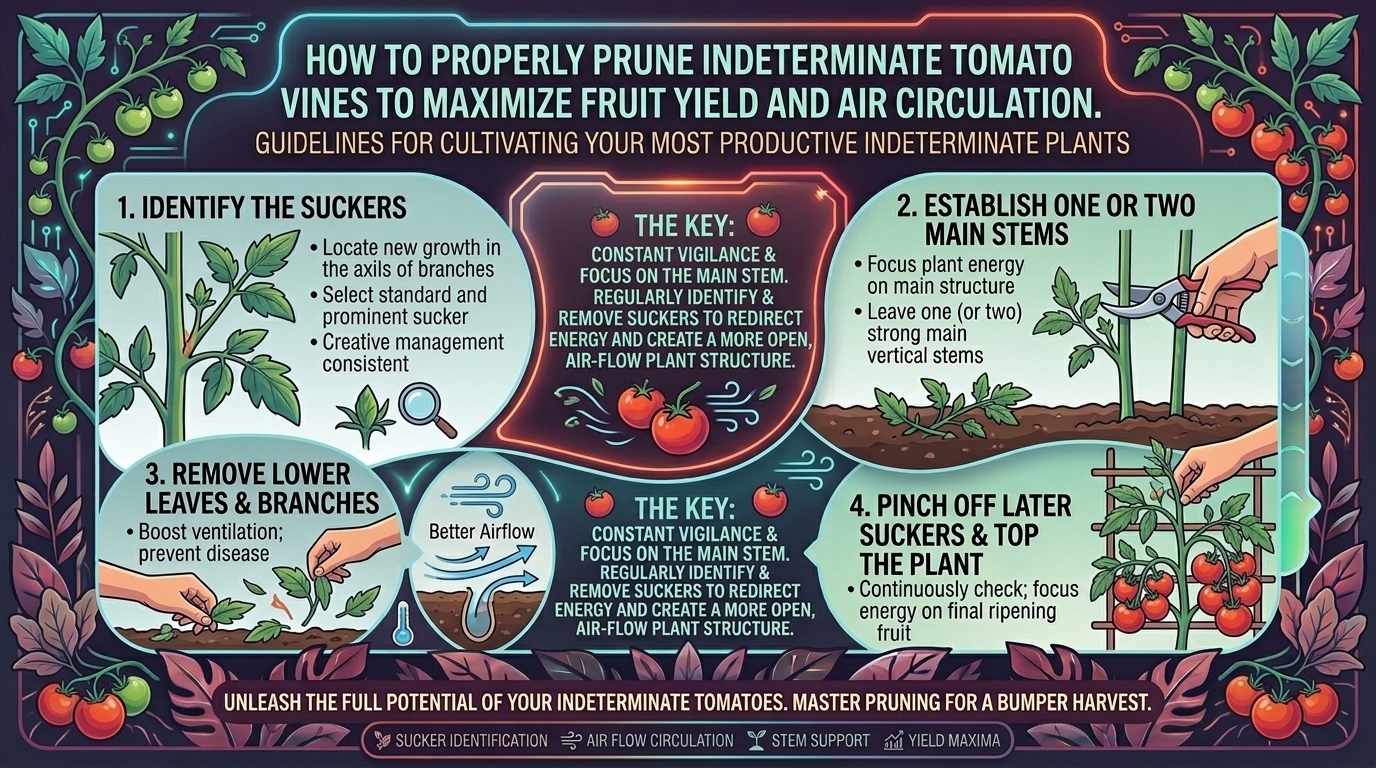 How to properly prune indeterminate tomato vines to maximize fruit yield and air circulation.