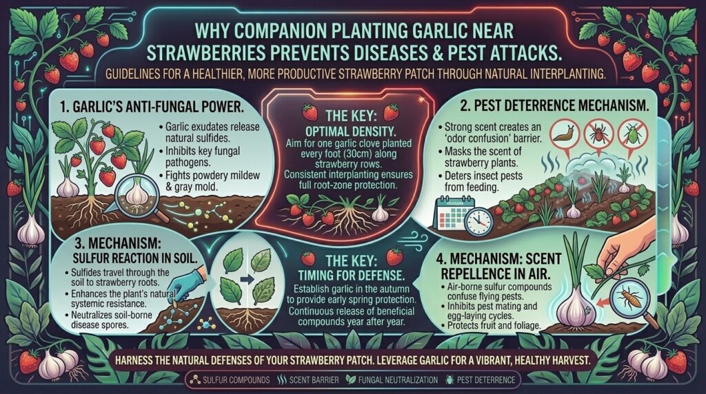 Why companion planting garlic near your strawberry patch prevents fungal diseases and pest attacks.