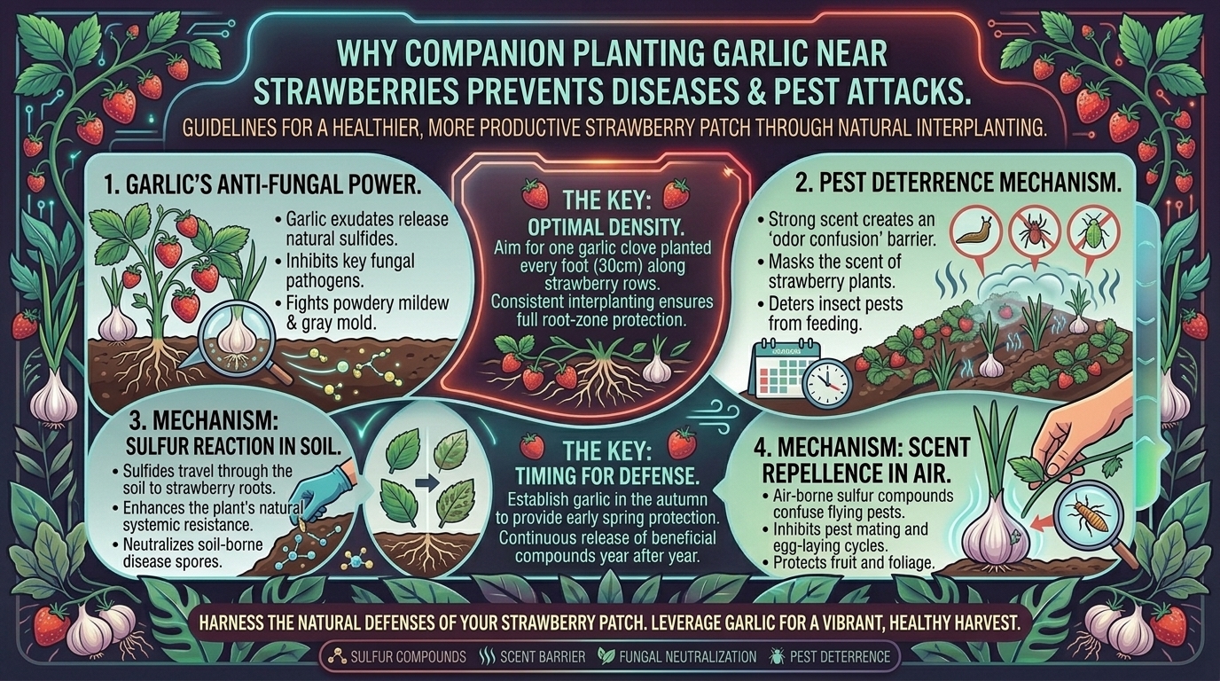 Why companion planting garlic near your strawberry patch prevents fungal diseases and pest attacks.