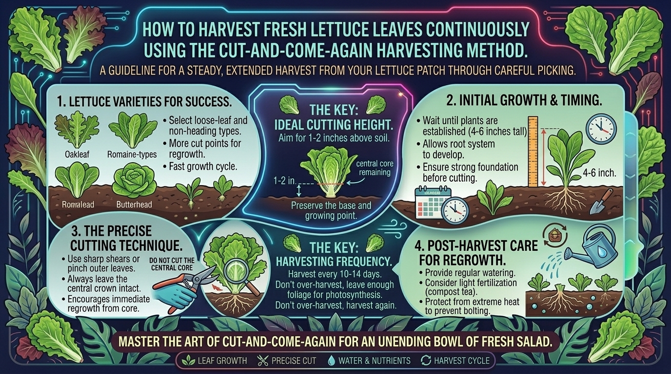 How to harvest fresh lettuce leaves continuously using the cut-and-come-again harvesting method.