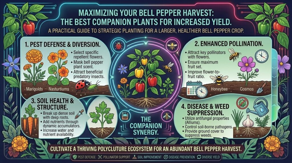 What are the best companion plants to grow alongside bell peppers to boost overall harvest size?