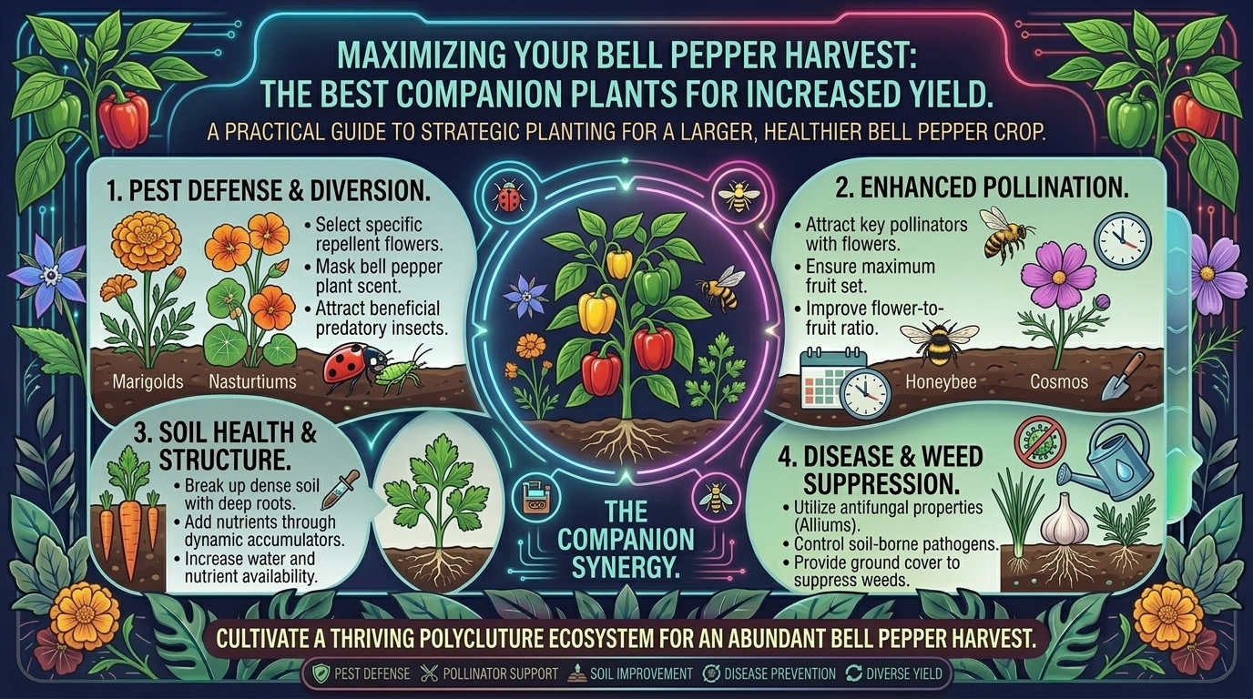 What are the best companion plants to grow alongside bell peppers to boost overall harvest size?