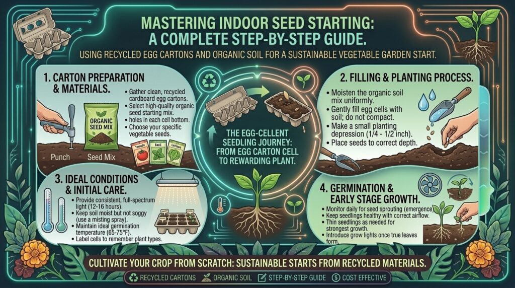 How to start your own vegetable seeds indoors using recycled egg cartons and organic soil.