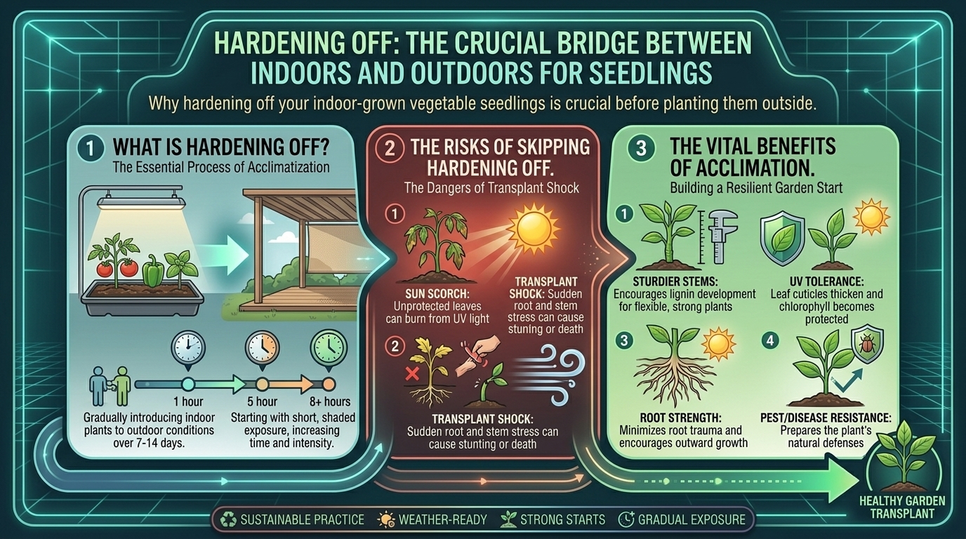 Why hardening off your indoor-grown vegetable seedlings is crucial before planting them outside.