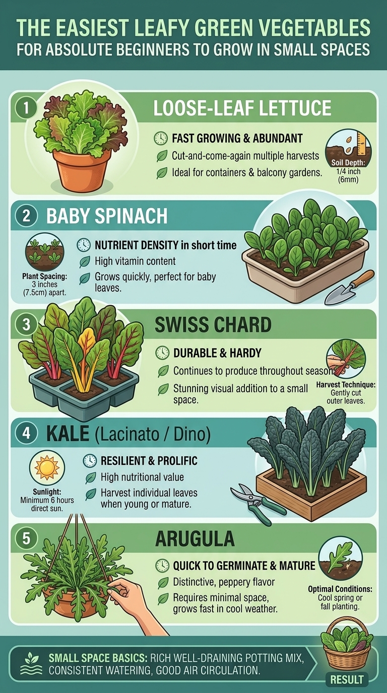 What are the easiest leafy green vegetables for absolute beginners to grow in small spaces?