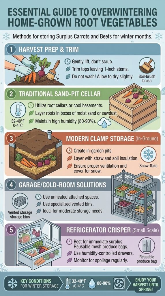 How to store surplus home-grown root vegetables like carrots and beets through winter months.